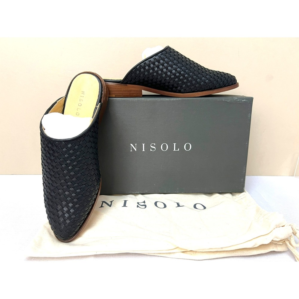NWOB Nisolo Ama Woven Mule Black Leather Pointed Toe Low Heel Dust Bags SZ 6M